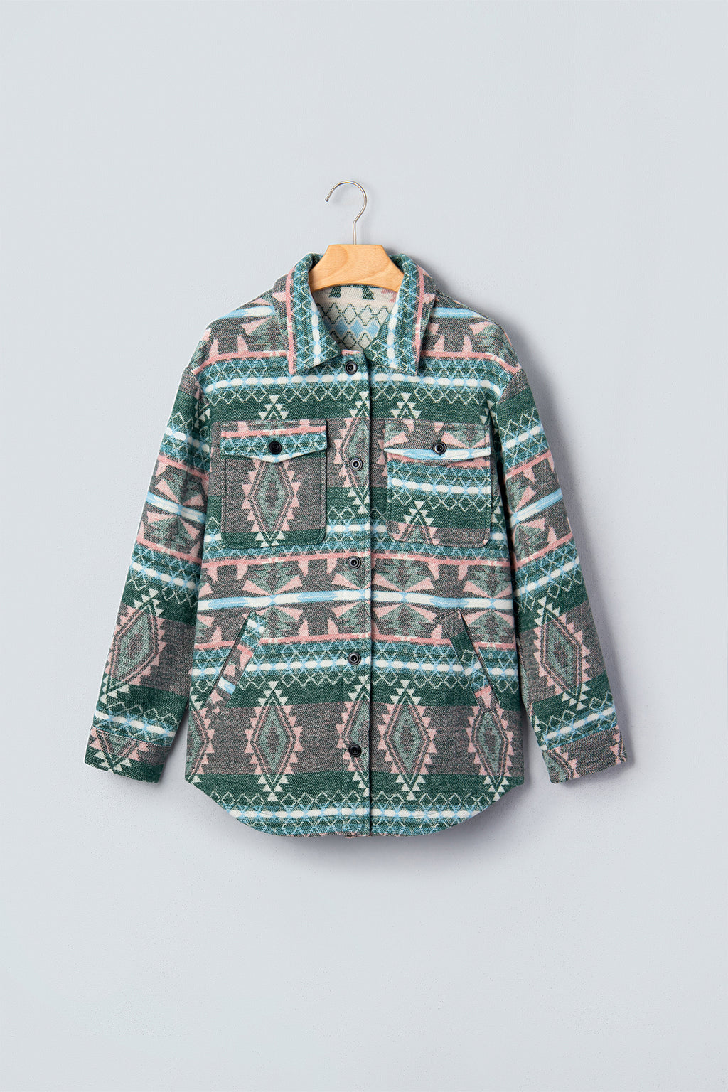 Green Geometric Print Button Front Long Sleeve Shacket