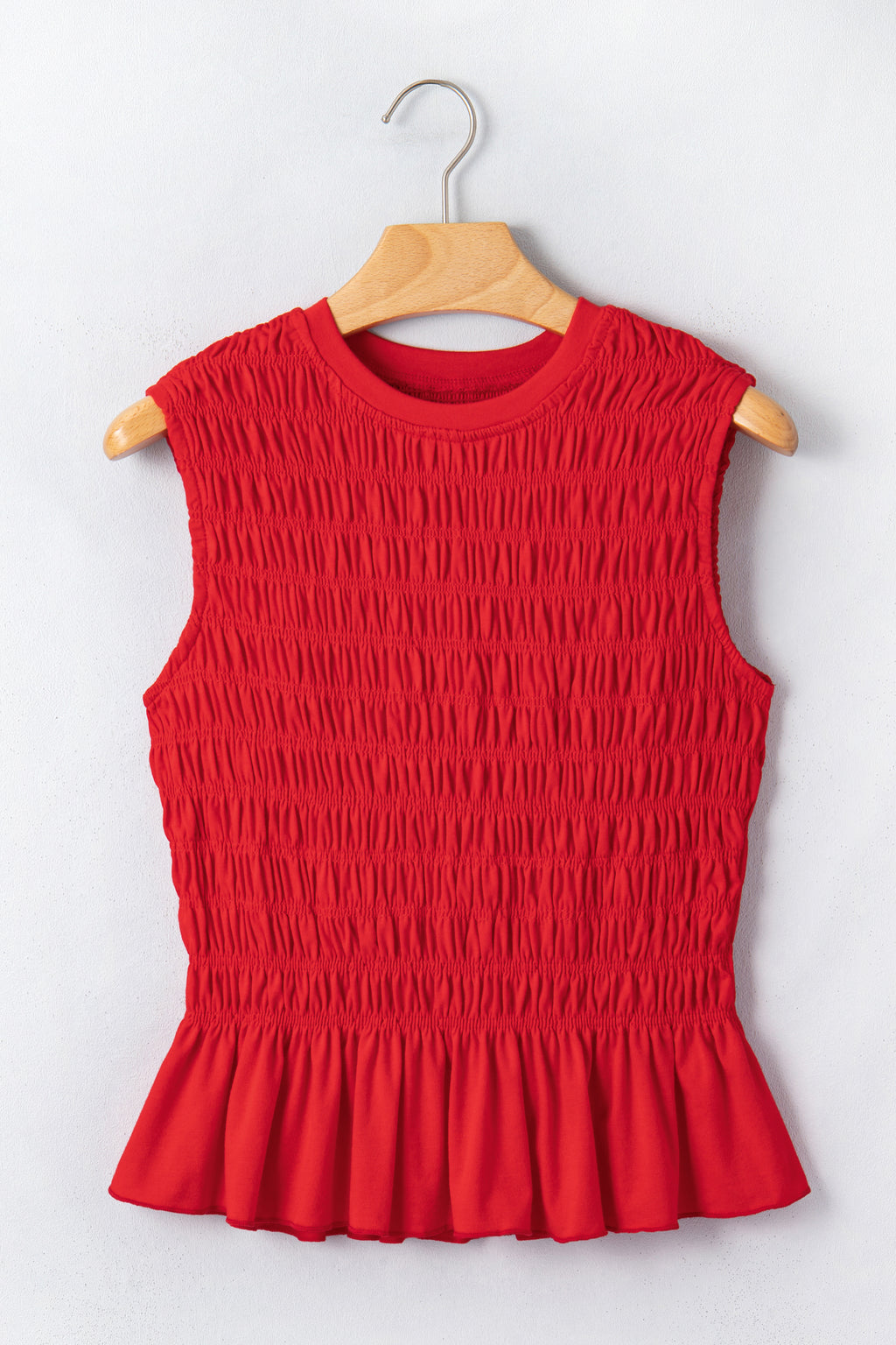 Fiery Red Shirred Slim Fit Ruffle Hem Tank Top