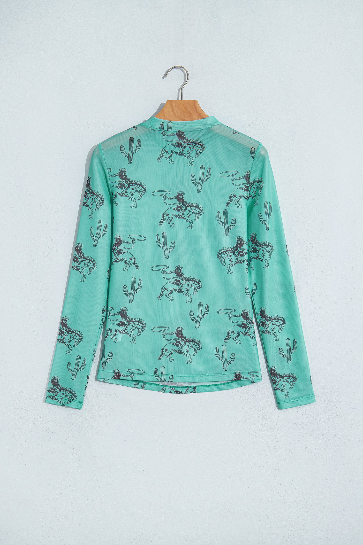 Aruba Blue Western Print High Neck Long Sleeve Sheath Mesh Top