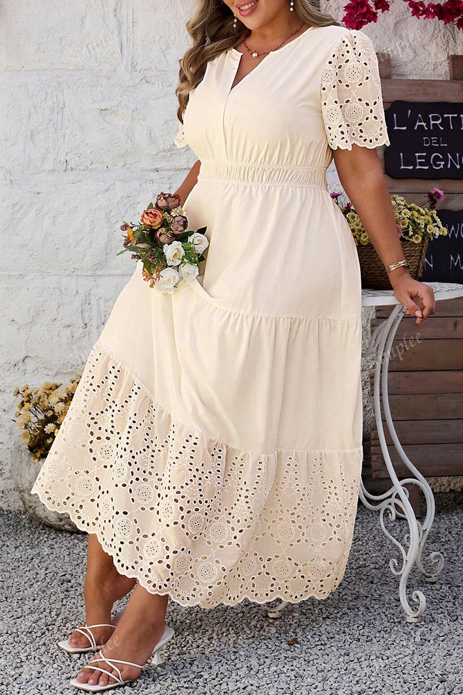 Apricot Plus Size V Neck Lacy Embroidery Patchwork Short Sleeve Maxi D – The Rusted Rose Boutique
