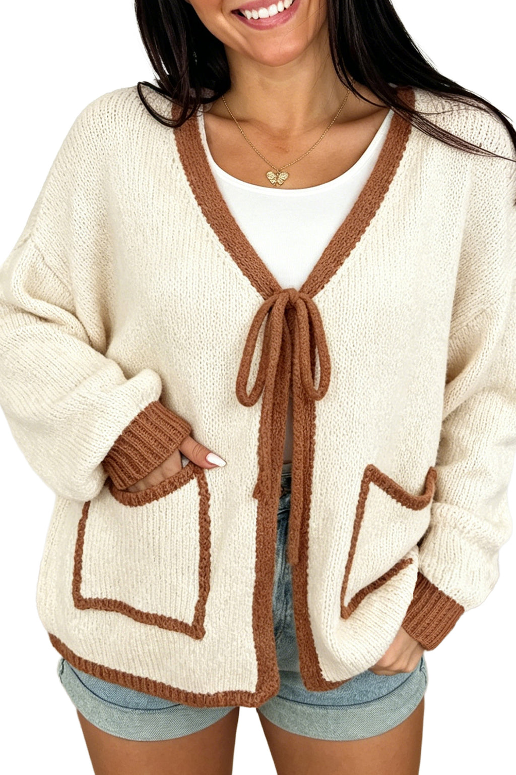 Chestnut Contrast Trim V-Neck Tie Front Loose Sweater Cardigan