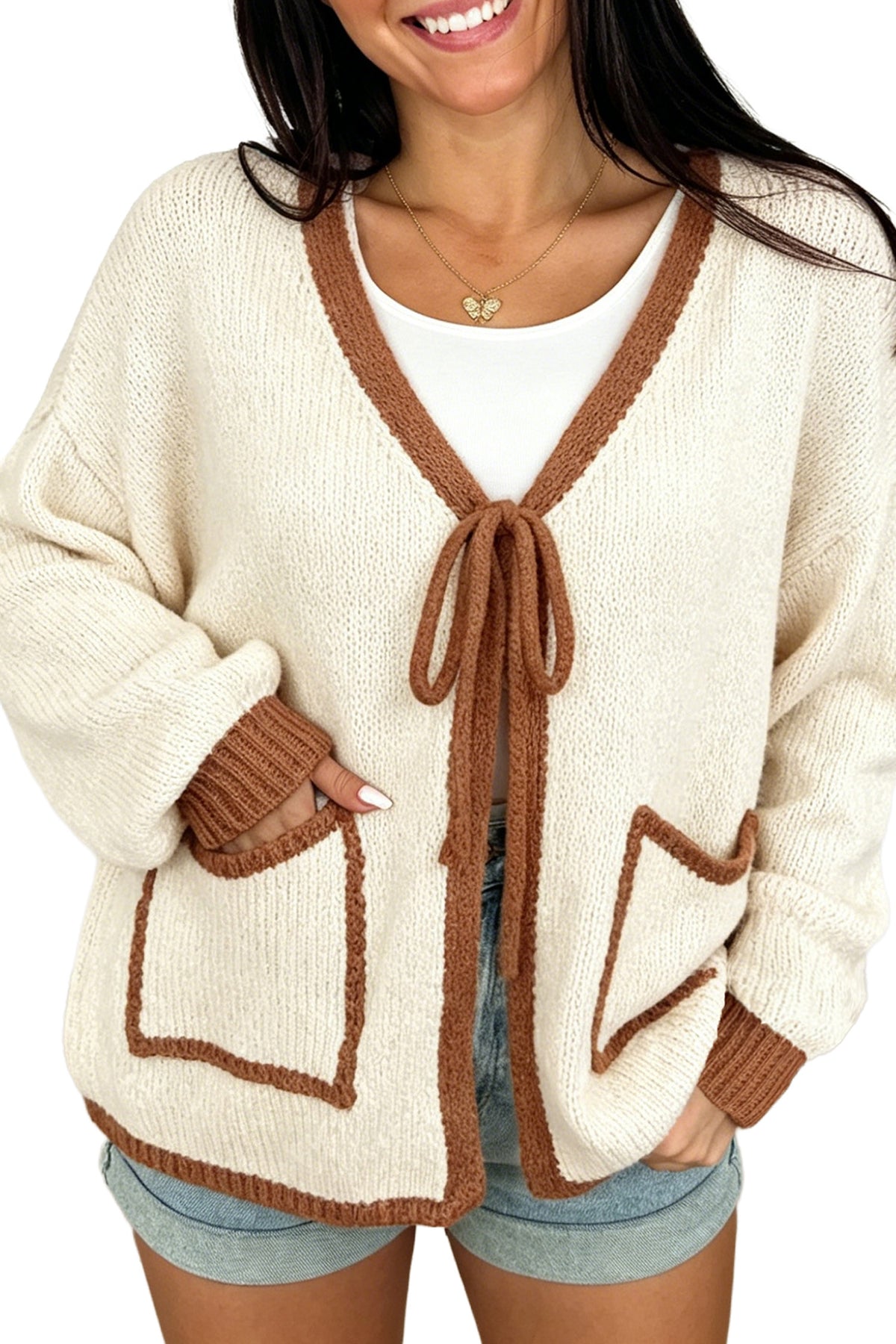 Chestnut Contrast Trim V-Neck Tie Front Loose Sweater Cardigan