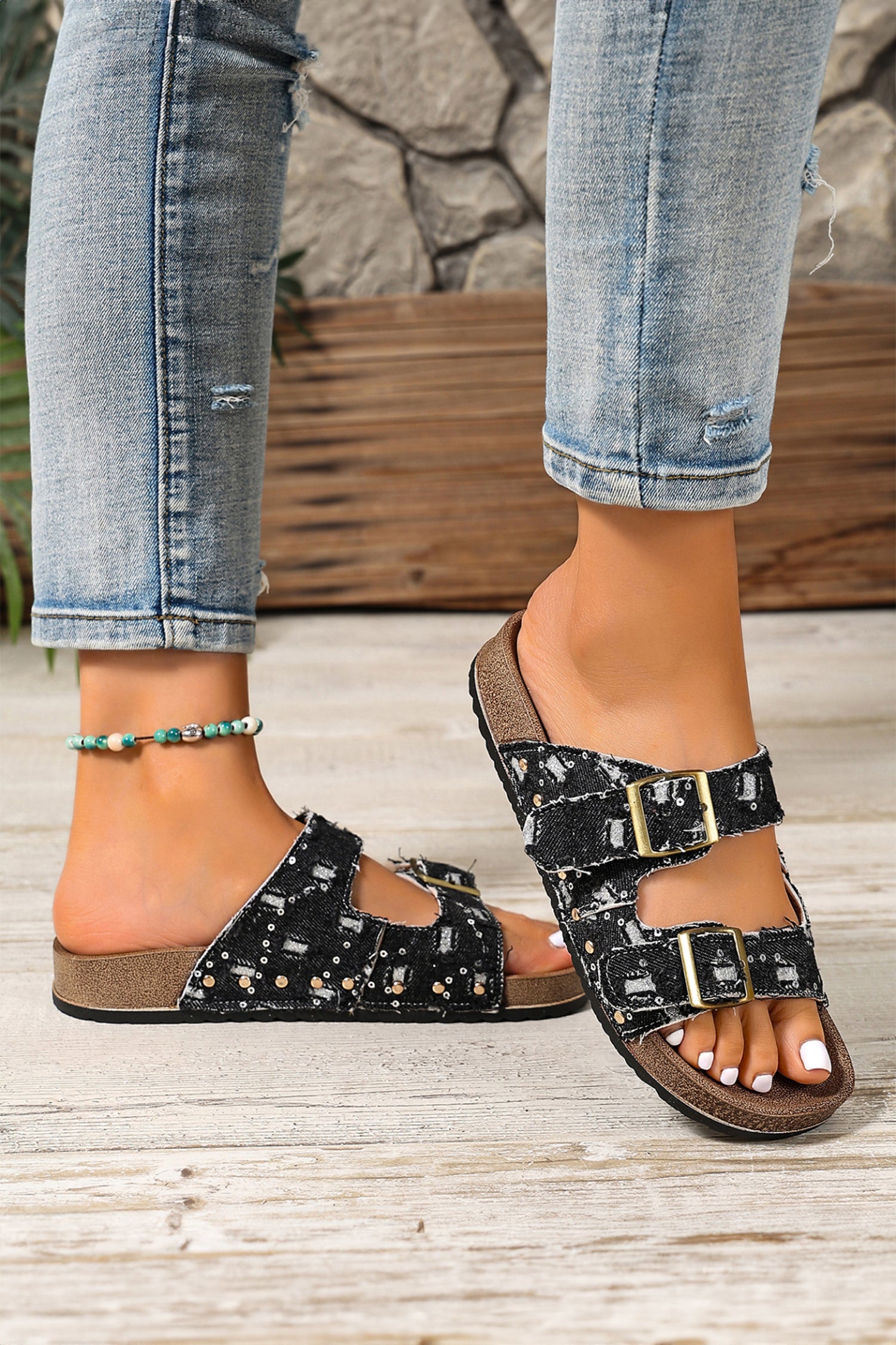 Light Blue Two-tone Retro Buckle Straps Hollowed Faux Suede Slippers