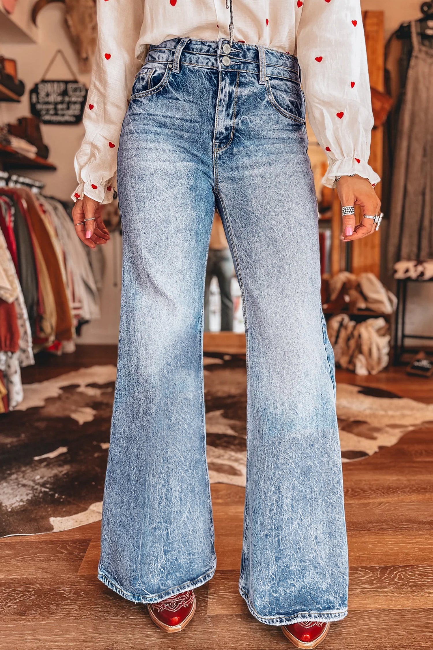 Beau Blue Acid Wash Pocket Detail Flare Jeans