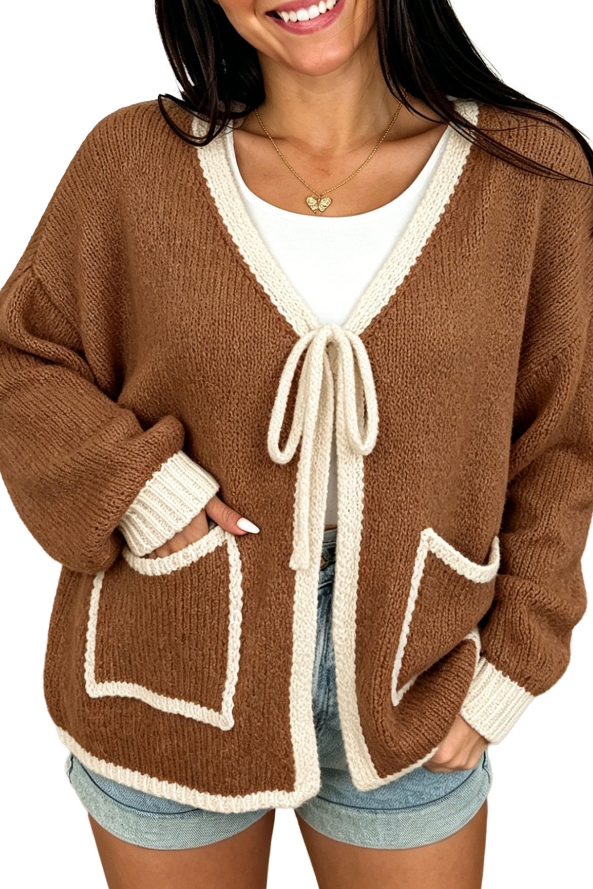 Chestnut Contrast Trim V-Neck Tie Front Loose Sweater Cardigan