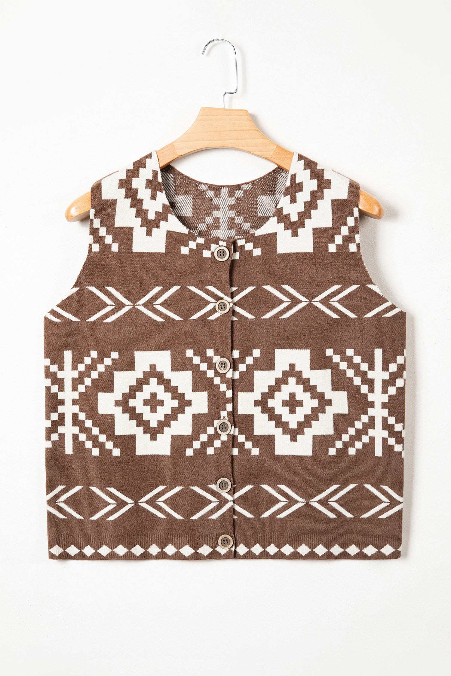 Brown Southwestern Aztec Button Square Neck Sweater Vest