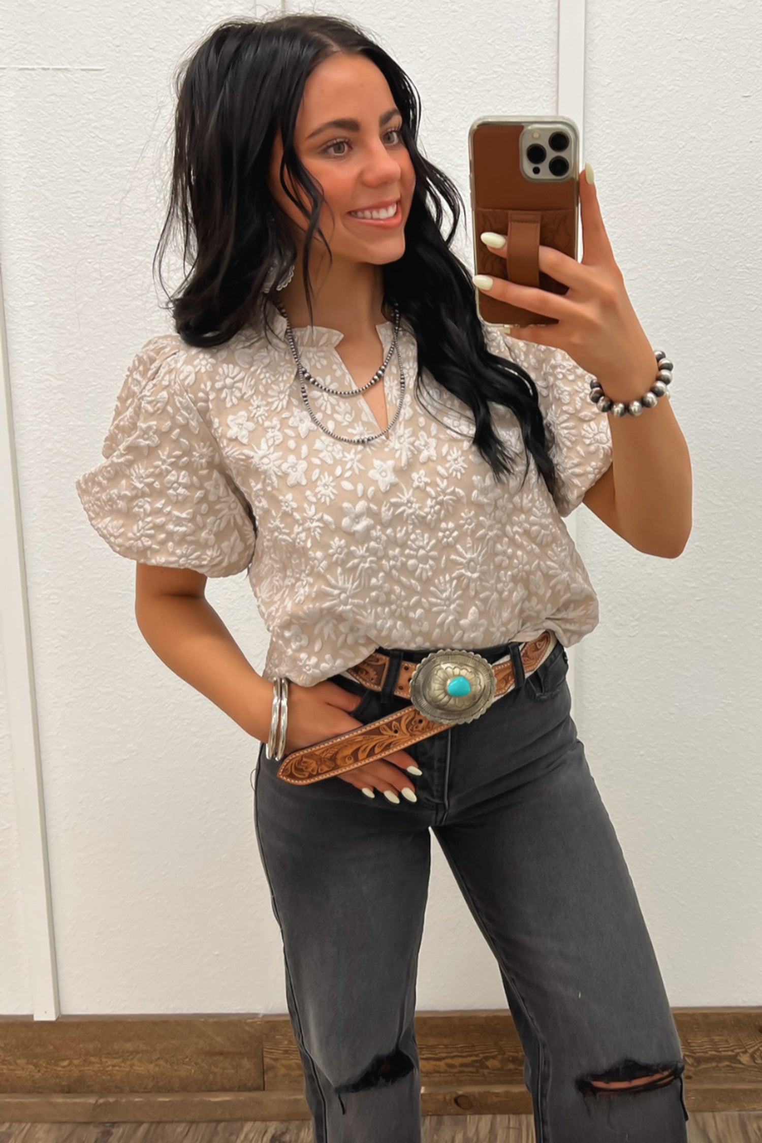 Apricot Pink Floral Textured Jacquard Puff Sleeve Blouse